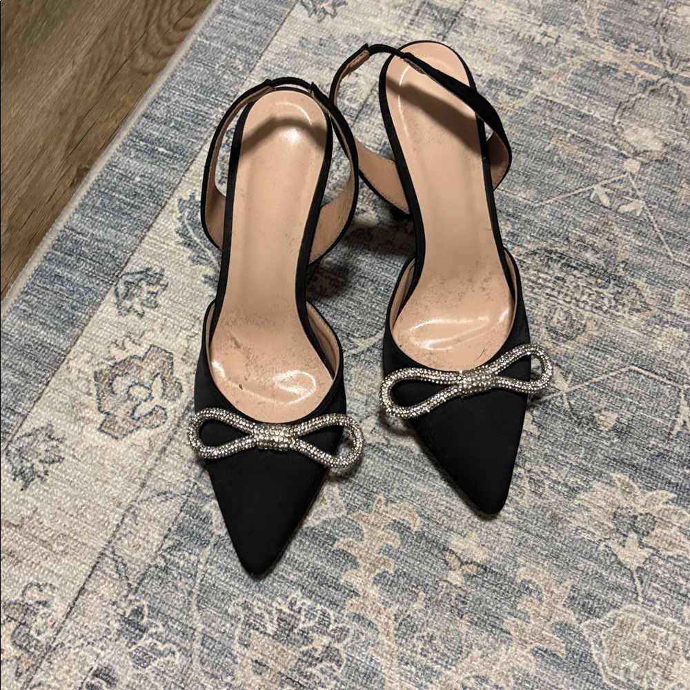 Black Slingback Heels with Rhinestone Bow